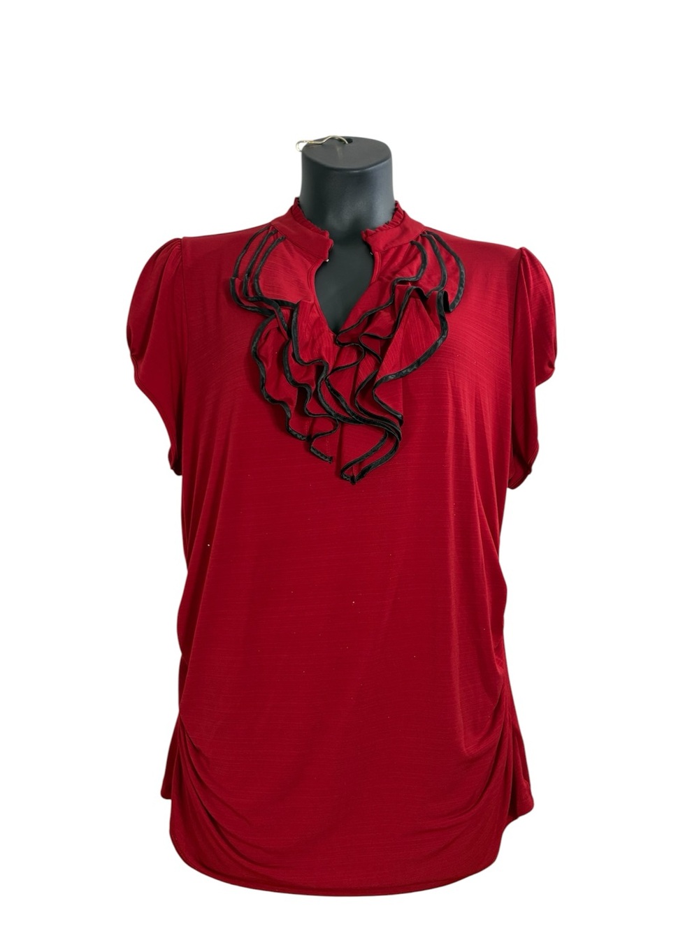 Heart Soul Crimson Short Sleeve Ruffle Neck Blouse